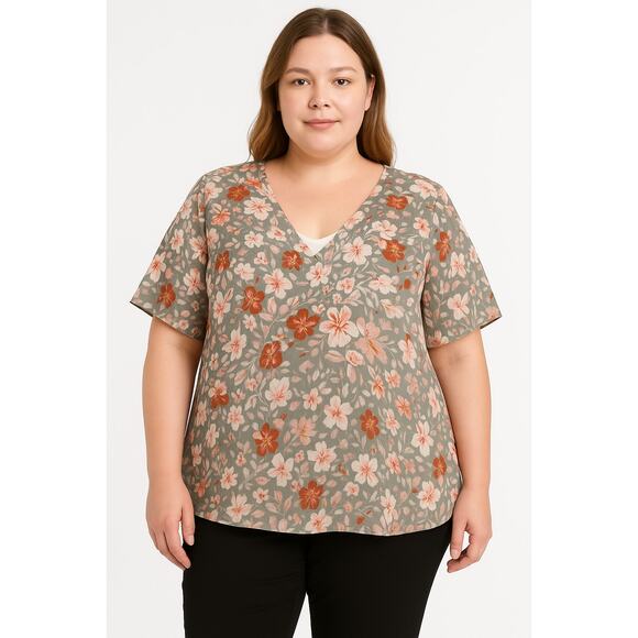 Womens 2XL Sheer Floral V Neck Top Lined Short Sleeve Plus Size - Picture 1 of 4